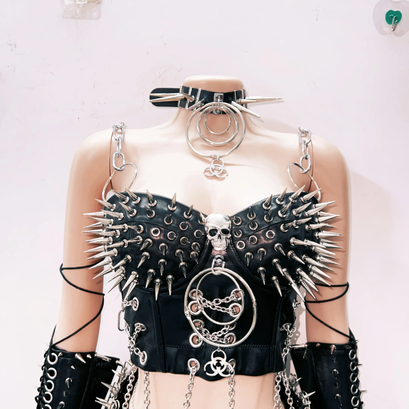 Metal chain skull applique rivet gloves cami top  | Festival Outfits Women
