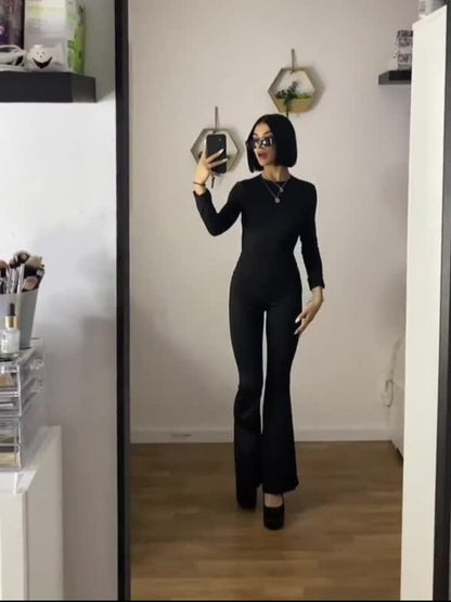 Backless Long Sleeve Flare Leg Jumpsuit