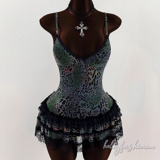 Leopard print lace hem v neck cami mini dress