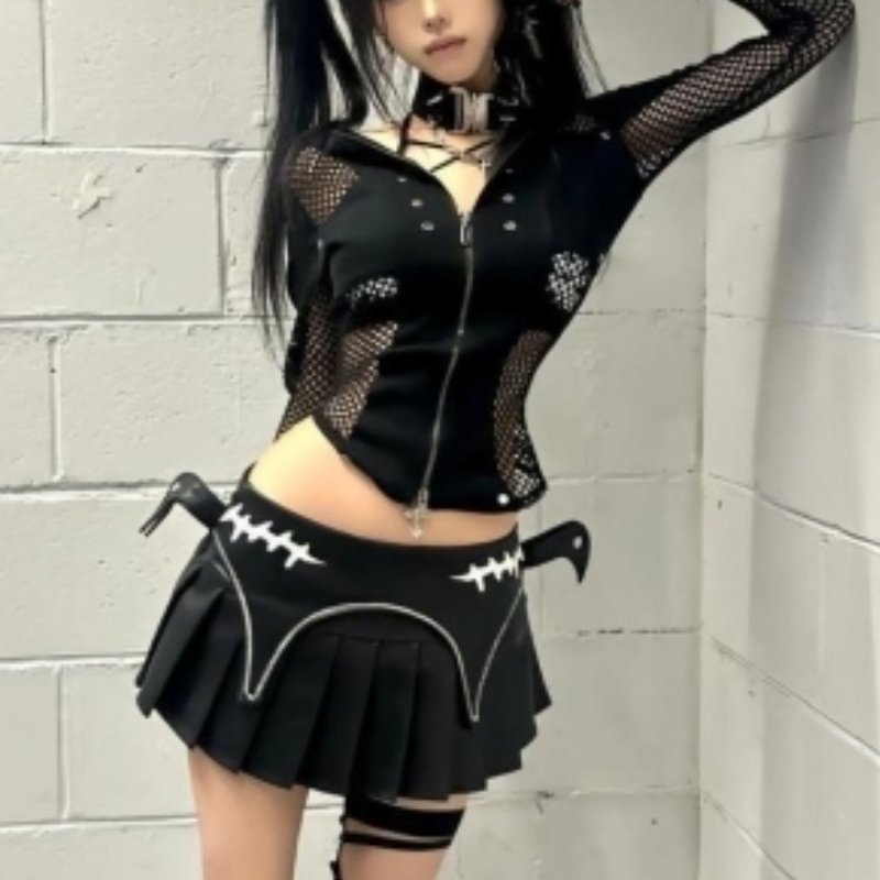 Zip-up hollow out long sleeve pleated mini skirt set  | Festival Outfits Women