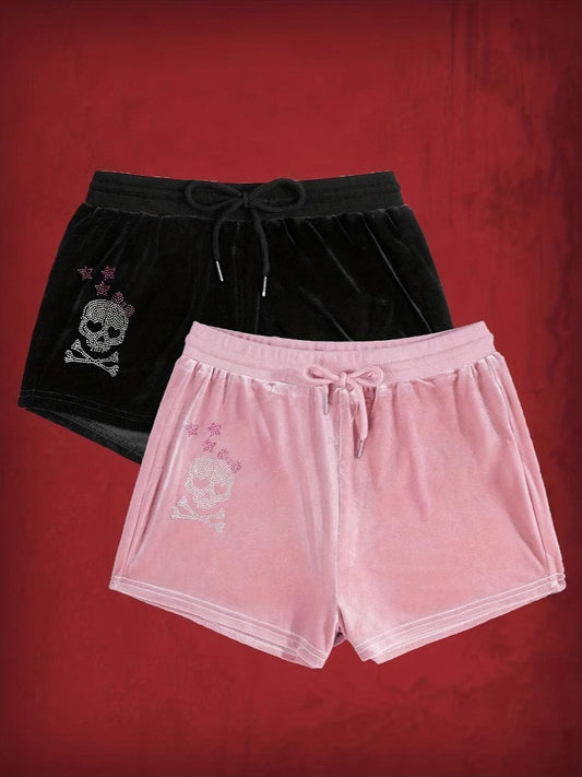 Punk Drawstring Rhinestone Printed Shorts
