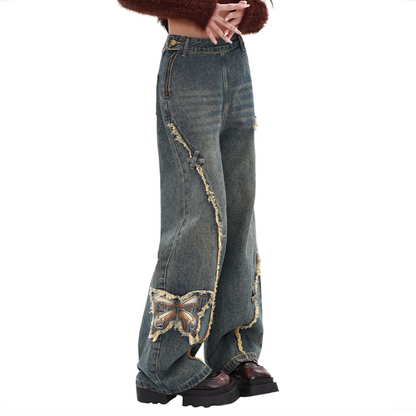 Raw hem butterfly pattern zip-up wide leg | Baggy Low Rise Jeans  | Festival Outfits Women