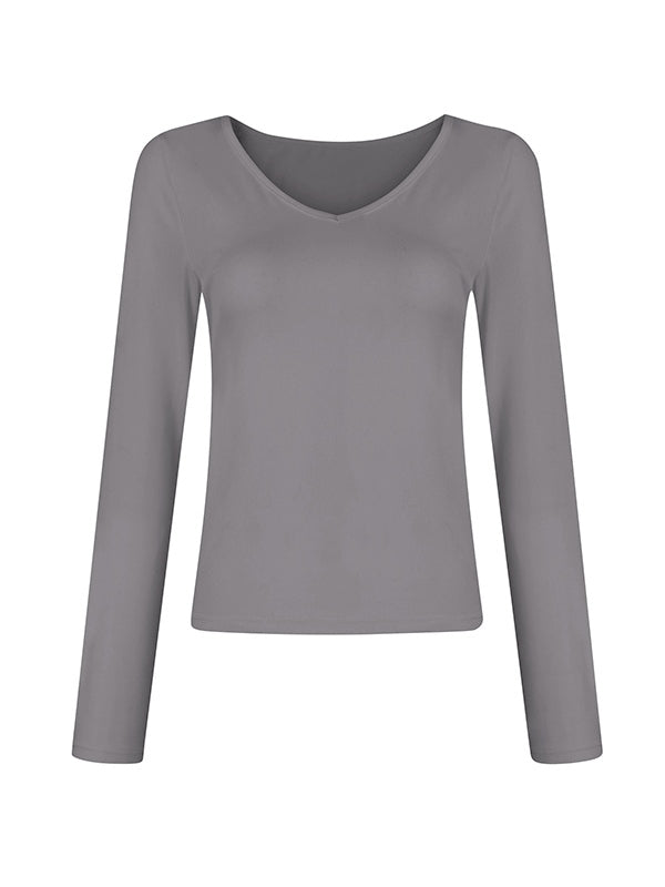 Solid V Neck Slim Long Sleeve Tee