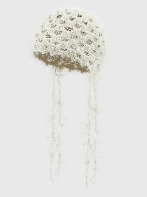 Y2K Hand crocheted Tassel Strap Retro Hollow Knitted Hat