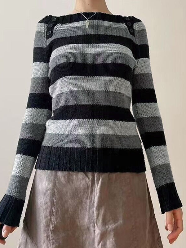Stripe Button Decor Knit Sweater