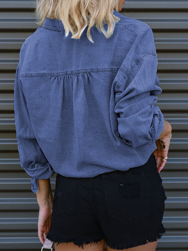 Vintage Dual Pocket Drawstring Denim Blouses&Shirts