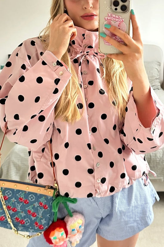 Polka Dot Print Loose Stand Collar Button Bow Tie Casual Long-sleeved Jacket