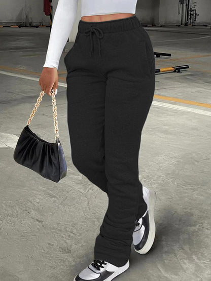Solid Drawstring Stacked Pants
