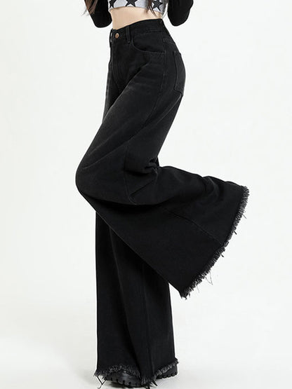 Versatile Black Raw Edge Wide Leg Boyfriend Jeans