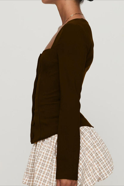 Single Button Knit Long Sleeve Blouse