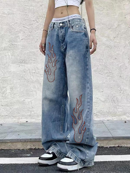 Flame Hot Diamond Printing Vintage Blue Wide Leg Boyfriend Jeans