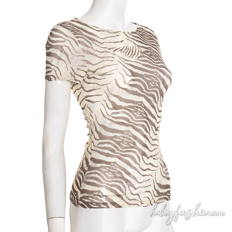 Short sleeve crewneck print sheer mesh top