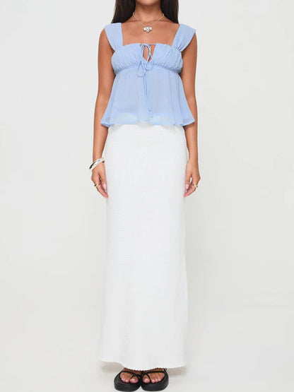 Simple Lace Up Square Neck Blue Tank Top