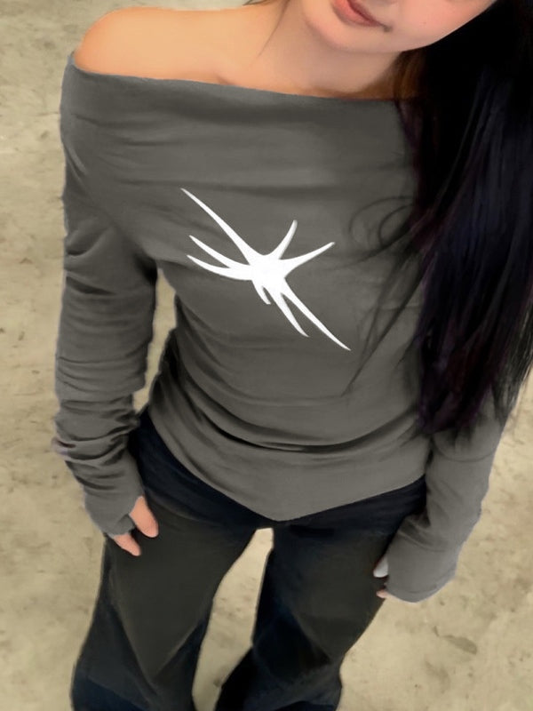 Simple Print Off Shoulder Slim Long Sleeve Tee