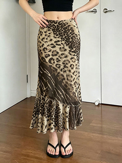 Leopard-Print Patchwork Bodycon Maxi Skirt