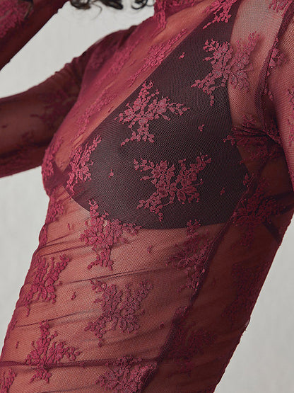 Solid See Through Lace Mock Neck Long Sleeve Tee