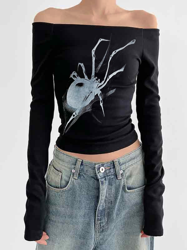 Spider Print Off Shoulder Slim Long Sleeve Tee