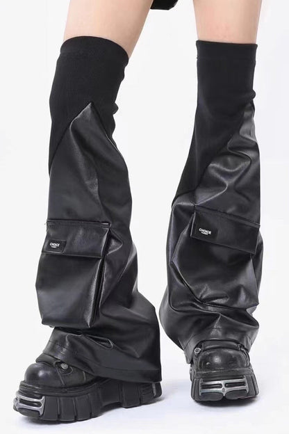 Black PU Flared Patch Pockets Socks