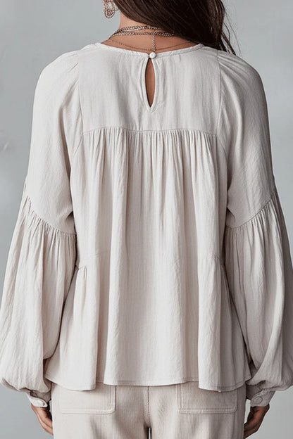 Solid Color V-neck Ruffled Puff Sleeve Loose Casual Top