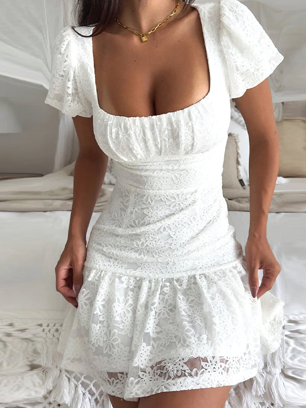 Square Neck Guipure Lace Backless Tie Up Mini Dress