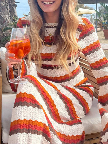 Striped Contrast Knitted Hollow Maxi Dress