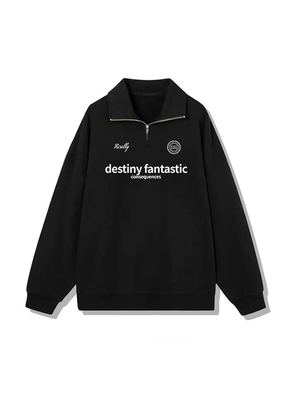 Vintage Letter Print Half Zip Lapel Neck Sweatshirt