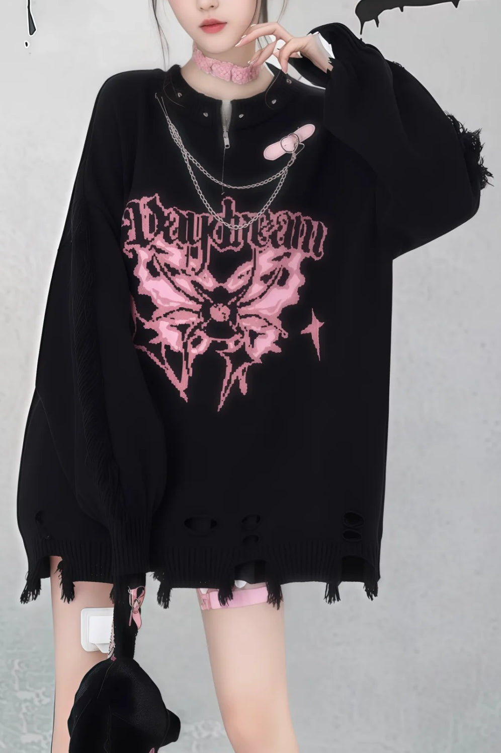 Gothic Y2K Subculture Rivet Print Ripped Loose Knit Sweater