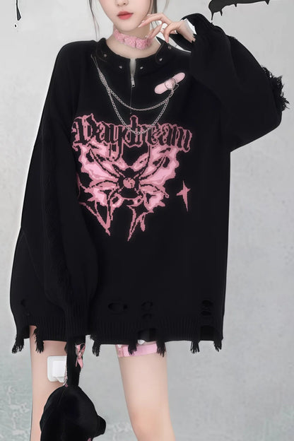 Gothic Y2K Subculture Rivet Print Ripped Loose Knit Sweater