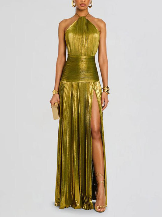 Party Dress Maxi Gold Sleeveless Backless Elegant Semi Formal Gown