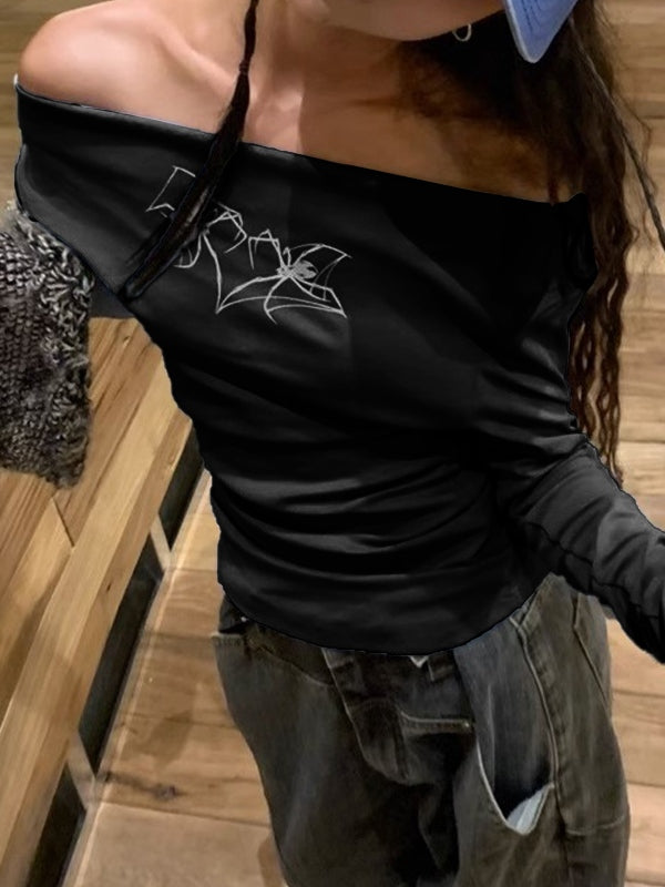 Spider Print Off Shoulder Long Sleeve Tee