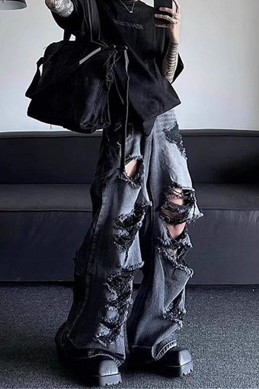 Black Baggy Distressed Denim Pant