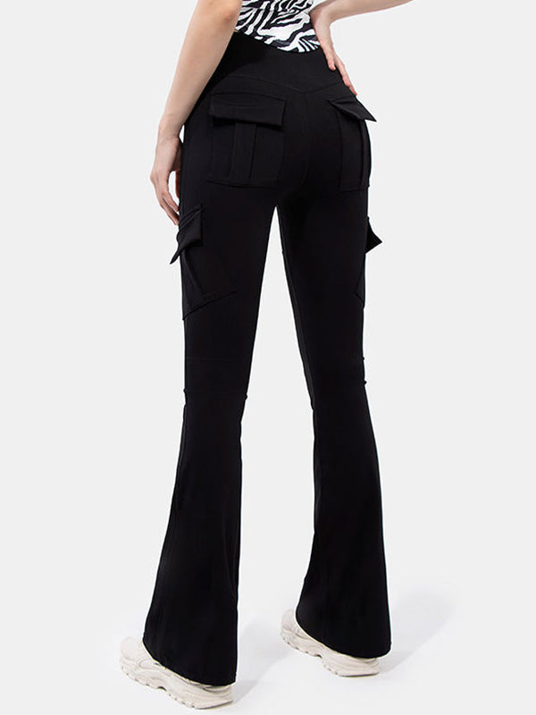 Solid Multi Pocket High Rise Flare Leg Pants