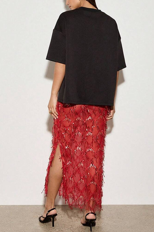 Fashionable Mesh See-through Sequined Tassel Midi Skirt