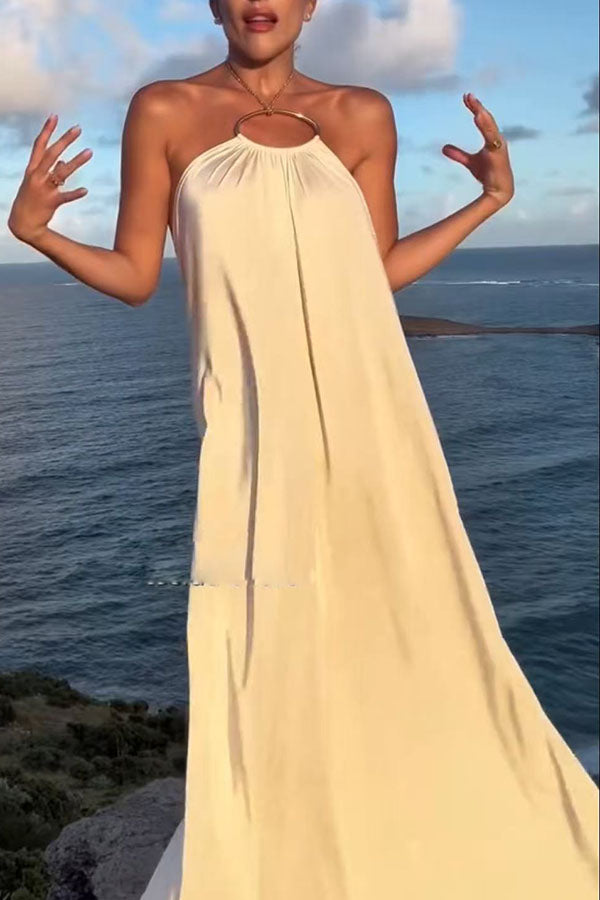 Ocean Goddess Metal Circular Chain Halter Backless Vacation A-line Maxi Dress