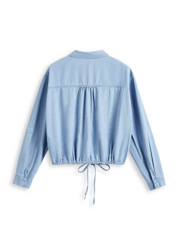 Vintage Dual Pocket Drawstring Denim Blouses&Shirts