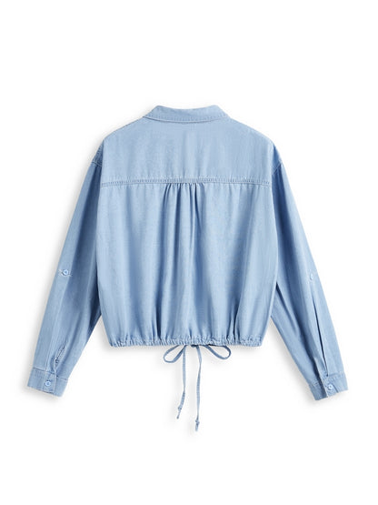 Vintage Dual Pocket Drawstring Denim Blouses&Shirts