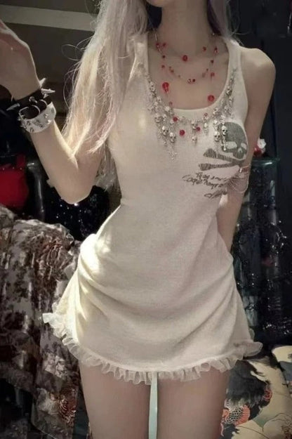 Punk Skull Print Lace Mini Dress
