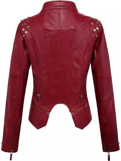 Embroidered Rivet Washed PU Leather Waist-fit Short Jacket