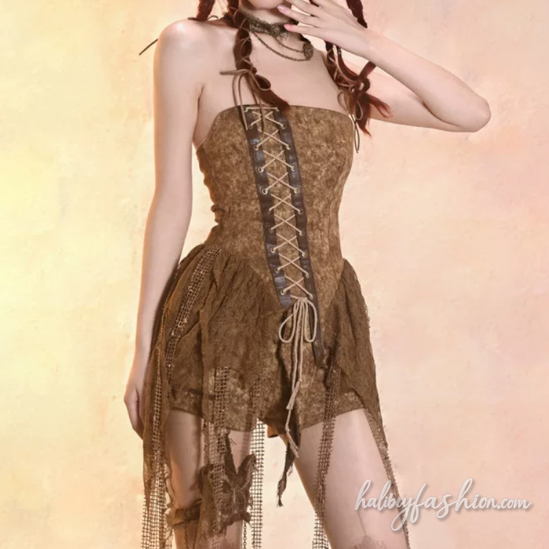Lace up irregular denim zip-up tube top
