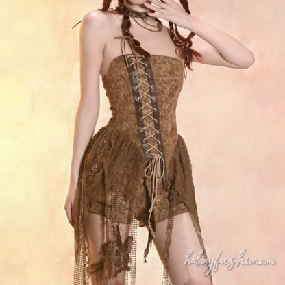 Lace up irregular denim zip-up tube top