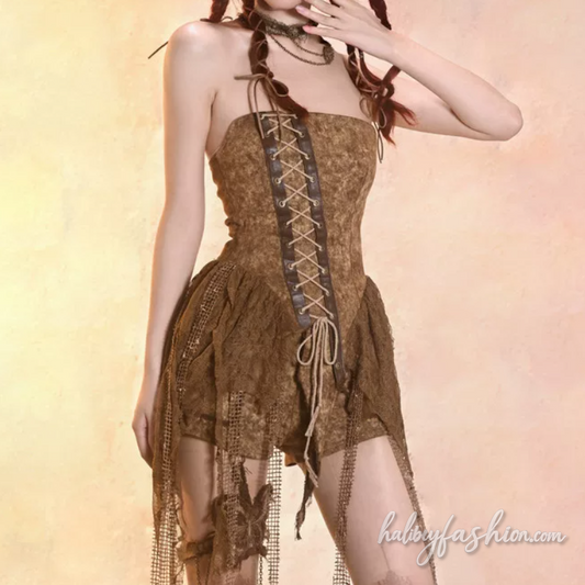 Lace up irregular denim zip-up tube top