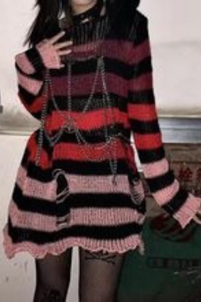 Goth Striped Ripped Long Sleeve Knitted Sweater