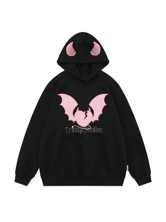 Vintage Contrast Color Devil Embroidery Styling Oversized Hoodie