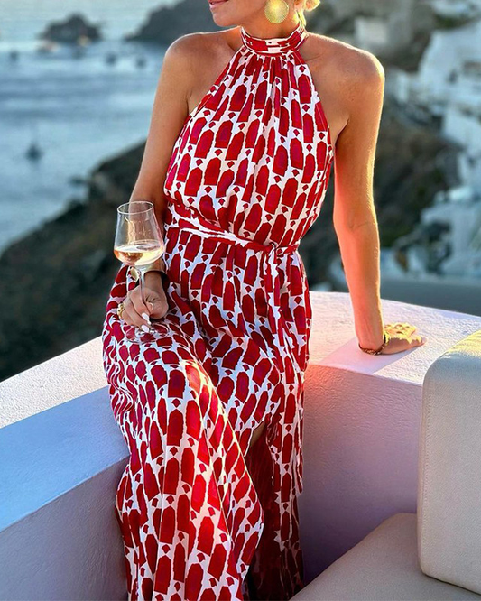 Printed Halter Neck Beach Vacation Midi Dress