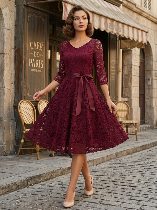 Vintage Lace Swing Dress for Women - 1950s V Neck 3/4 Sleeve Belted A-Line Midi Dress - Spring Wedding Guest 2026