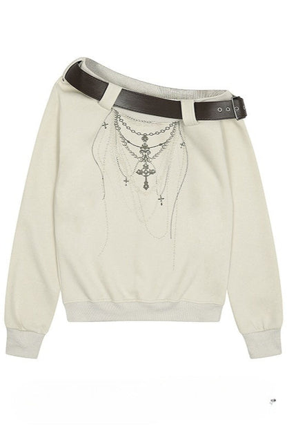 Retro Leather Buckle Asym Off Shoulder T-shirt