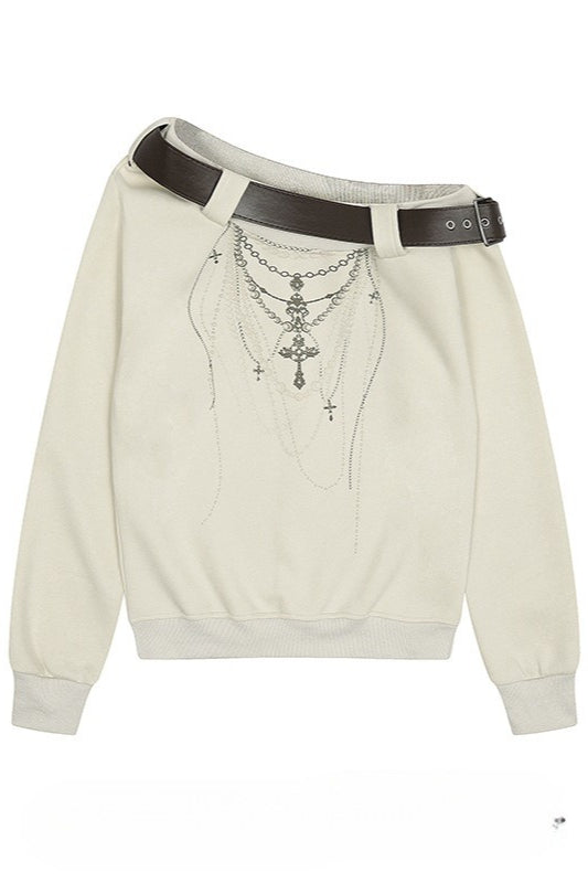 Retro Leather Buckle Asym Off Shoulder T-shirt