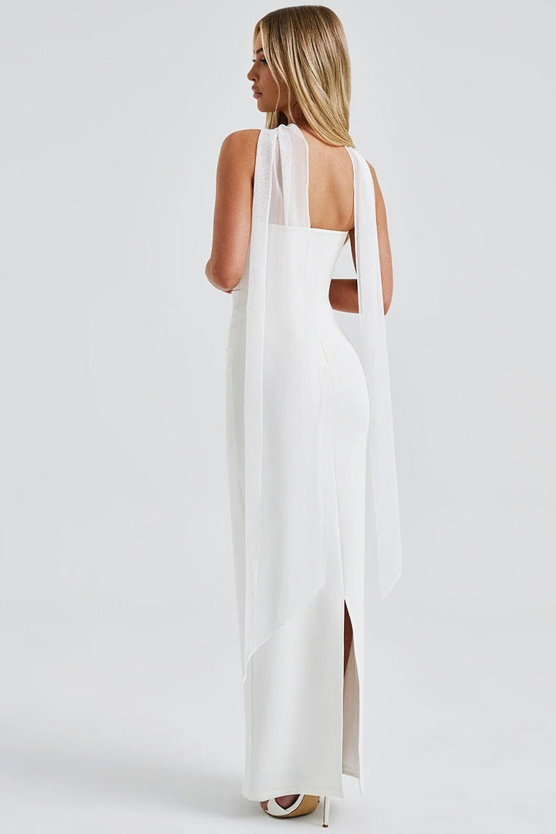 Sheer Sleeve Bustier Gown Formal Dress