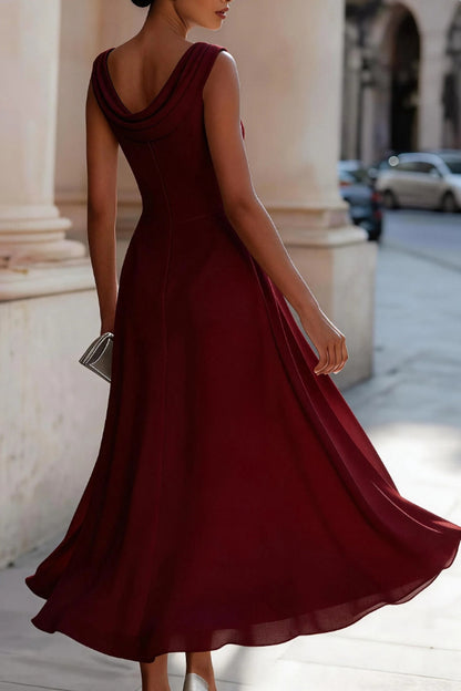 Solid Color Swing Collar Sleeveless Elegant Fitted Waist Full Hem Midi Dress