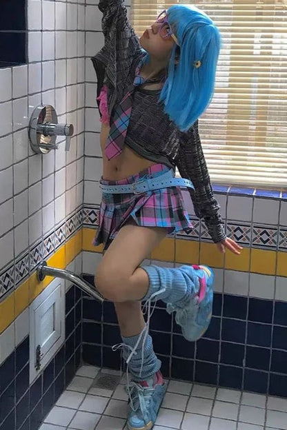 Low-Rise Plaid Pleated Mini Skirt